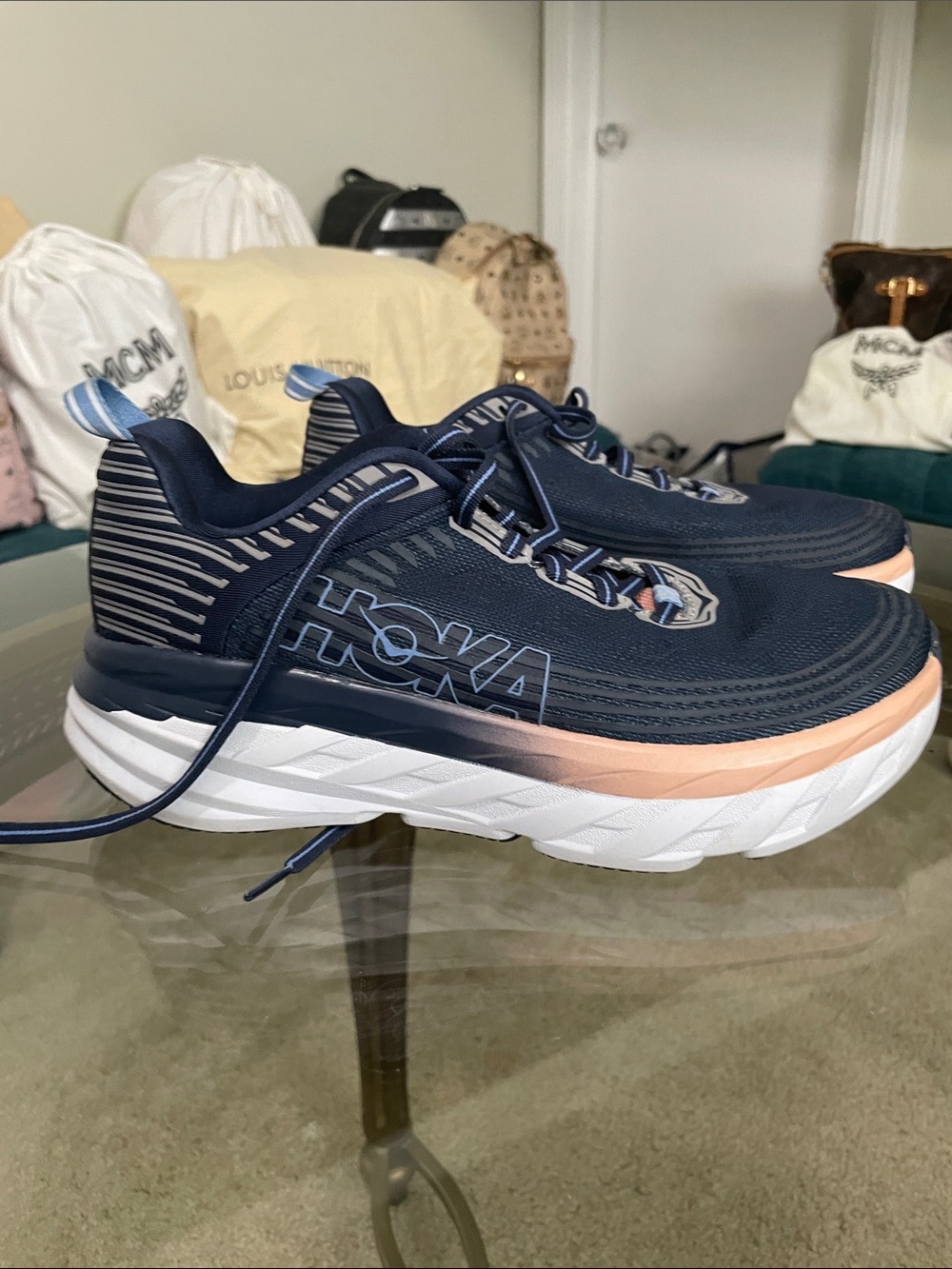 Hoka Navy and Peach Cushioned Sneakers